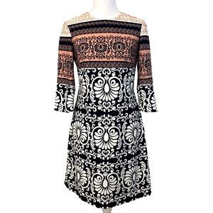 Taylor Black Peach Tan White 3/4 sleeve print dress  size 6